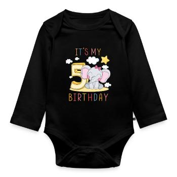 Children Birthday Boys Girls 5 Years Elephant - Organic Longsleeve Baby Bodysuit - black - Front