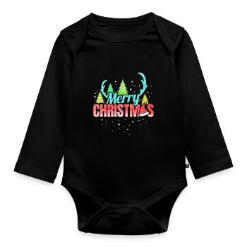 Merry Christmas Logo Santas Hat Antlers Christmas - Organic Longsleeve Baby Bodysuit - black - Front