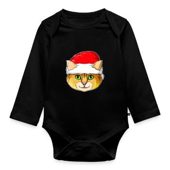 Mignon chat de Noël Kawaii avec chapeau de Père Noël pour - Body Bébé bio manches longues - noir - Devant