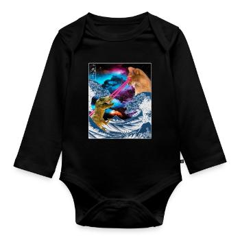Japan Comic Great Wave Cat Vs Dinoaur T-Rex Otaku - Baby Bio-Langarm-Body - Schwarz - Vorne