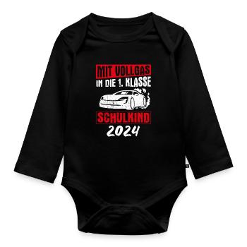 Mit Vollgas in die 1. Klasse, Schulkind 2024 - Ren - Baby Bio-Langarm-Body - Schwarz - Vorne
