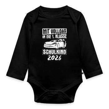 Mit Vollgas in die 1. Klasse, Schulkind 2026 - Ren - Baby Bio-Langarm-Body - Schwarz - Vorne