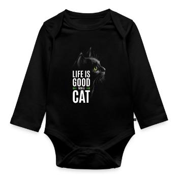 Das Leben Ist Gut Mit Einer Katze - Baby Bio-Langarm-Body - Schwarz - Vorne