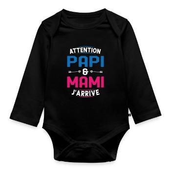Papi et Mamie j'arrive - Body Bébé bio manches longues - noir - Devant