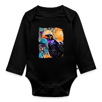 Beo Mynah Starling Corbeau coloré Art moderne - Body Bébé bio manches longues - noir - Devant