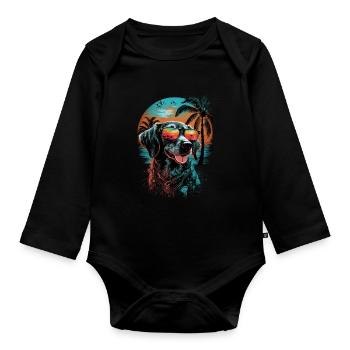 Retro cute dog with sunglasses on the beach - Organic Longsleeve Baby Bodysuit - black - Front