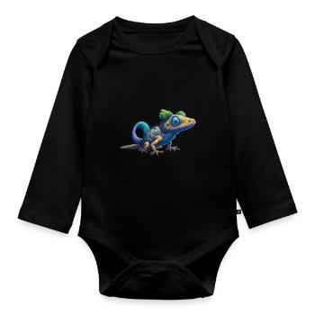 Gamer's Perfect Illustration - Cute Colorful Gekko - Baby Bio-Langarm-Body - Schwarz - Vorne