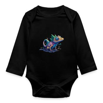 Gamer's Perfect Illustration - Cute Colorful Gekko - Baby Bio-Langarm-Body - Schwarz - Vorne