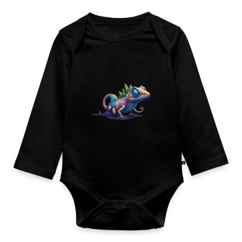 Gamer's Perfect Illustration - Cute Colorful Gekko - Baby Bio-Langarm-Body - Schwarz - Vorne