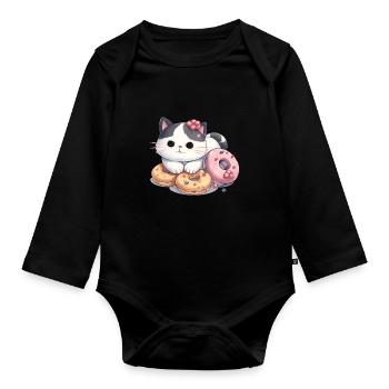 Chat kawaii avec beignet - Body Bébé bio manches longues - noir - Devant