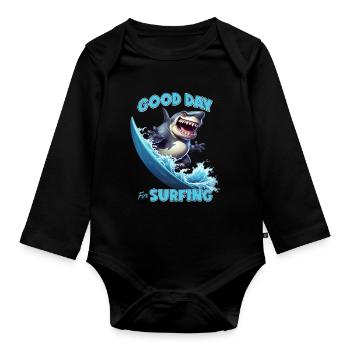 Funny shark with a surfboard - surfer - Organic Longsleeve Baby Bodysuit - black - Front