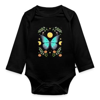 Cottagecore Monarch Butterfly Flowers Moon - Organic Longsleeve Baby Bodysuit - black - Front