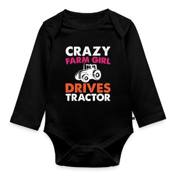 Crazy farm girl driving tractor - Organic Longsleeve Baby Bodysuit - black - Front