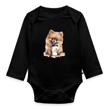 Pommerianischer Hund mit Kaffee -Aquarellstil - Baby Bio-Langarm-Body - Schwarz - Vorne