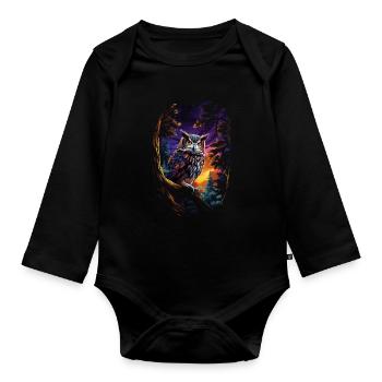 Beau hibou avec de grands yeux la nuit - Body Bébé bio manches longues - noir - Devant