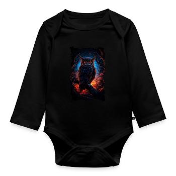 Cool owl with big eyes at night - Organic Longsleeve Baby Bodysuit - black - Front