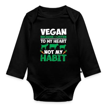 Vegan because I listen to my heart - Organic Longsleeve Baby Bodysuit - black - Front