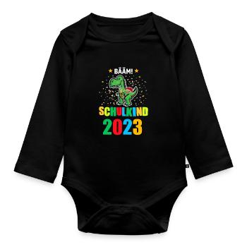 Schulkind 2023 Dino Einschulung 2023 Geschenk - Baby Bio-Langarm-Body - Schwarz - Vorne