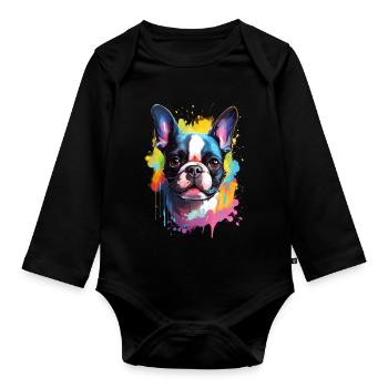 bunter Boston Terrier - bunte Hunde - Baby Bio-Langarm-Body - Schwarz - Vorne