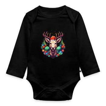 Renne avec boules de Noël et chapeau - Body Bébé bio manches longues - noir - Devant