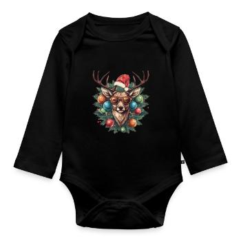 Rentier mit Weihnachtskugeln und Mütze - Baby Bio-Langarm-Body - Schwarz - Vorne