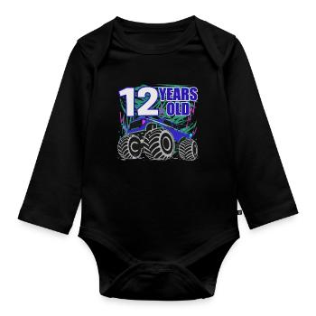 12 Years Monster Truck Party - Organic Longsleeve Baby Bodysuit - black - Front