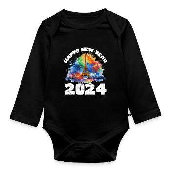 Happy New Year with fireworks in Paris - Organic Longsleeve Baby Bodysuit - black - Front