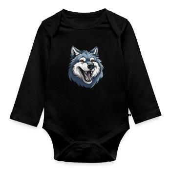 Loup souriant - Body Bébé bio manches longues - noir - Devant