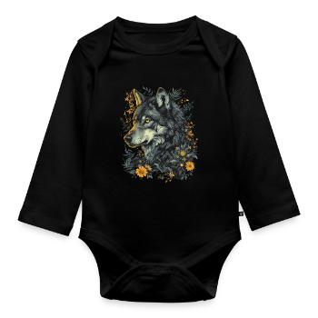 Wolf Wolfskopf Mystisch Blumen Natur Wildnis Kunst - Baby Bio-Langarm-Body - Schwarz - Vorne