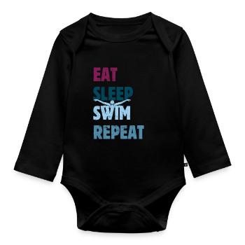 Eat Sleep Swim Repeat - Butterfly - Dolphin Style - Organic Longsleeve Baby Bodysuit - black - Front