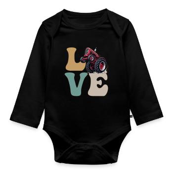 LOVE Tractor Pulling Tractor Driver Farmer Farming - Organic Longsleeve Baby Bodysuit - black - Front