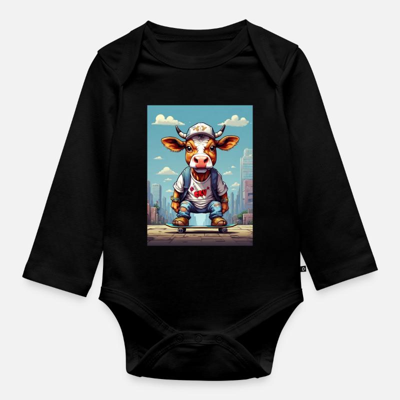 Comic Kuh auf Skateboard - Baby Bio-Langarm-Body - Schwarz