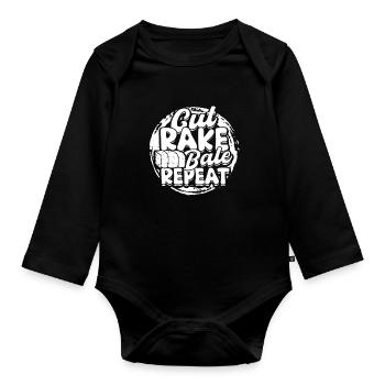 Landwirt Strohballen Cut Rake Bale Repeat - Baby Bio-Langarm-Body - Schwarz - Vorne