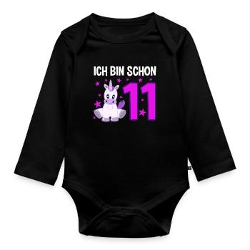 Einhornzauber 11 Jahre Glücksstern - Baby Bio-Langarm-Body - Schwarz - Vorne