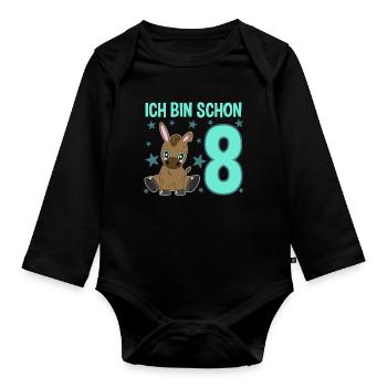 Acht Jahre Feier-Esel: Jubel & Spaß - Baby Bio-Langarm-Body - Schwarz - Vorne