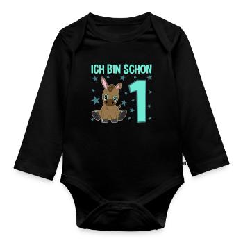 Cute donkey celebrates first birthday - Organic Longsleeve Baby Bodysuit - black - Front
