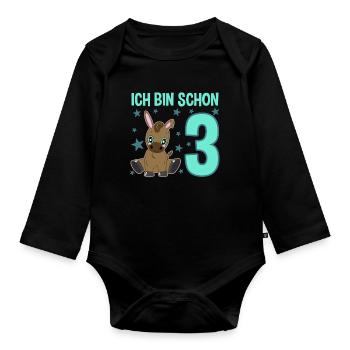 Three-year-old festival donkey congratulations motif - Organic Longsleeve Baby Bodysuit - black - Front