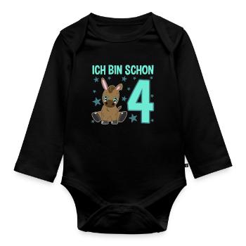 Four-year-old donkey: party and pure fun - Organic Longsleeve Baby Bodysuit - black - Front