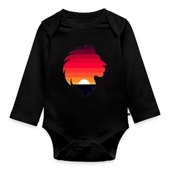 Silhouette d’un lion avec coucher de soleil - Body Bébé bio manches longues - noir - Devant