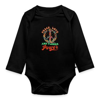 Floral Peace Symbol Peace Love Flower Power - Organic Longsleeve Baby Bodysuit - black - Front