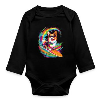 Corgi Dog Surfing Sunglasses Pop Art - Organic Longsleeve Baby Bodysuit - black - Front