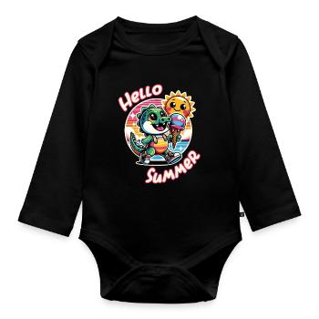Hello summer funny crocodile with big ice cream cone - Organic Longsleeve Baby Bodysuit - black - Front
