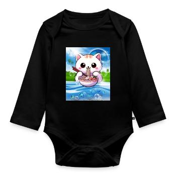 Frutiger Aero Aesthetic Tech Kawaii Ramen Katzenfi - Baby Bio-Langarm-Body - Schwarz - Vorne
