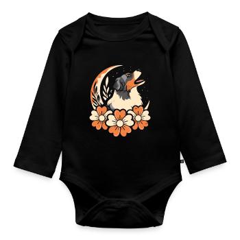 Australian Shepherd Wilde Blumen Floral Moon - Baby Bio-Langarm-Body - Schwarz - Vorne