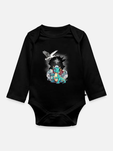 Drache Drachen Seemann Kompass maritim Möwe Kind - Baby Bio-Langarm-Body - Schwarz