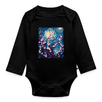 Cherry Blossoms Japanese Flower Starry Night Painting - Organic Longsleeve Baby Bodysuit - black - Front