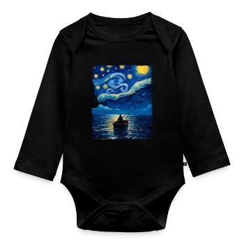 Deep Sea Fishing Fisherman Starry Night Painting - Organic Longsleeve Baby Bodysuit - black - Front