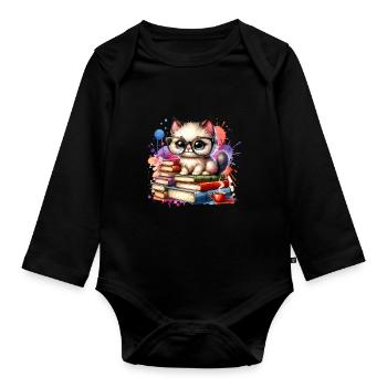 Reading is my hobby Cute cat lover - Organic Longsleeve Baby Bodysuit - black - Front