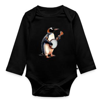 Penguin Oiseau Joueur de Banjo Bluegrass - Body Bébé bio manches longues - noir - Devant