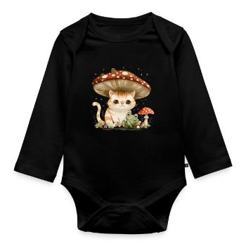 Cottagecore Esthétique Kawaii Chat Grenouille Champignon W - Body Bébé bio manches longues - noir - Devant